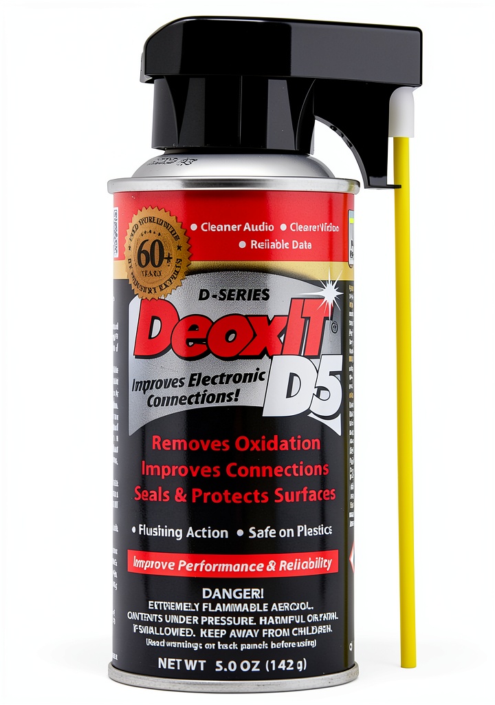Technician applying Caig Labs DeOxit D5 electrical contact cleaner spray to a car battery terminal