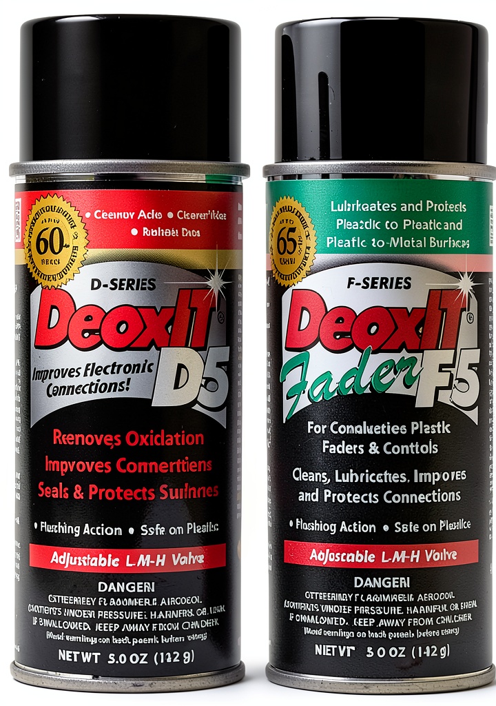 DeoxIT Electrical Cleaner Spray 5% being applied to a transmission control module connector on a wooden workbench
